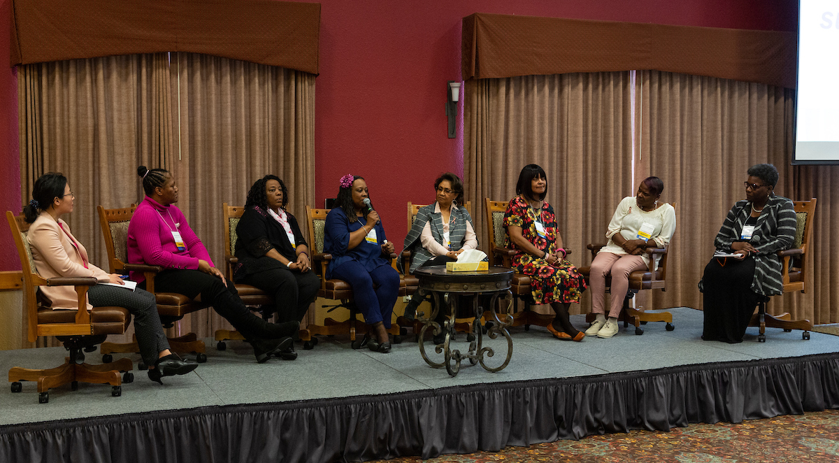 [L-R] Post-film discussion with Dr. Alice Yan, Terry Jones-Carr, Evelyn Brown, Cynthia Hooker, Mahasin Abdullah, Carol Davis, and Lisa Taylor-Goodwin. Moderated by Debra Nevels, Senior Manager, American Cancer Society